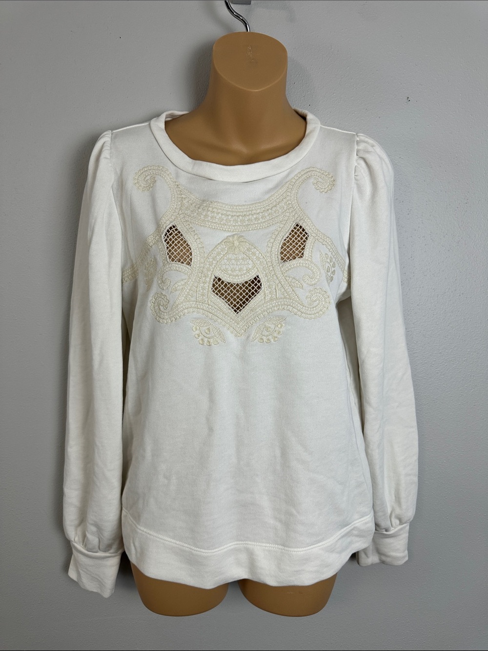 LOFT Off White Embroidered Cutout Crew Neck Sweatshirt